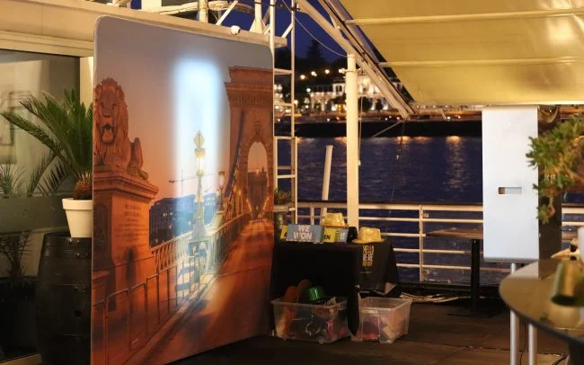 Printed backdrop setup on boat